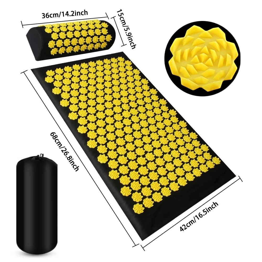 Acupressure Yoga Mat & Pillow - Ultimate Relaxation & Relief with yellow acupressure points and dimensions displayed.