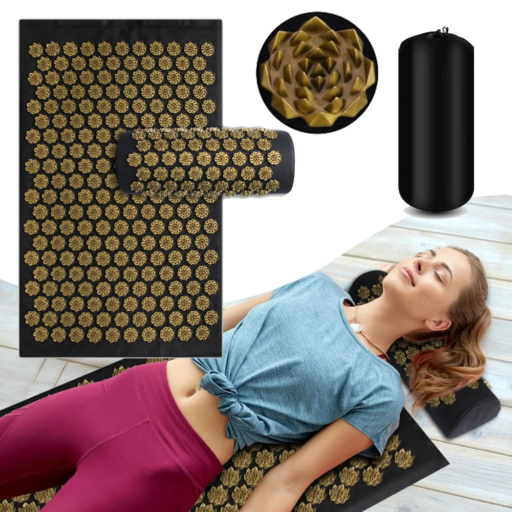 Acupressure Yoga Mat & Pillow - Ultimate Relaxation & Relief for stress relief and muscle relaxation on a woman.