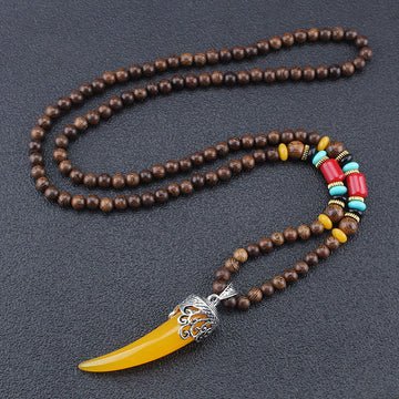 Buddha Stones Wenge Wood Turquoise Stone Horn Style Protection Meditation Necklace Pendant